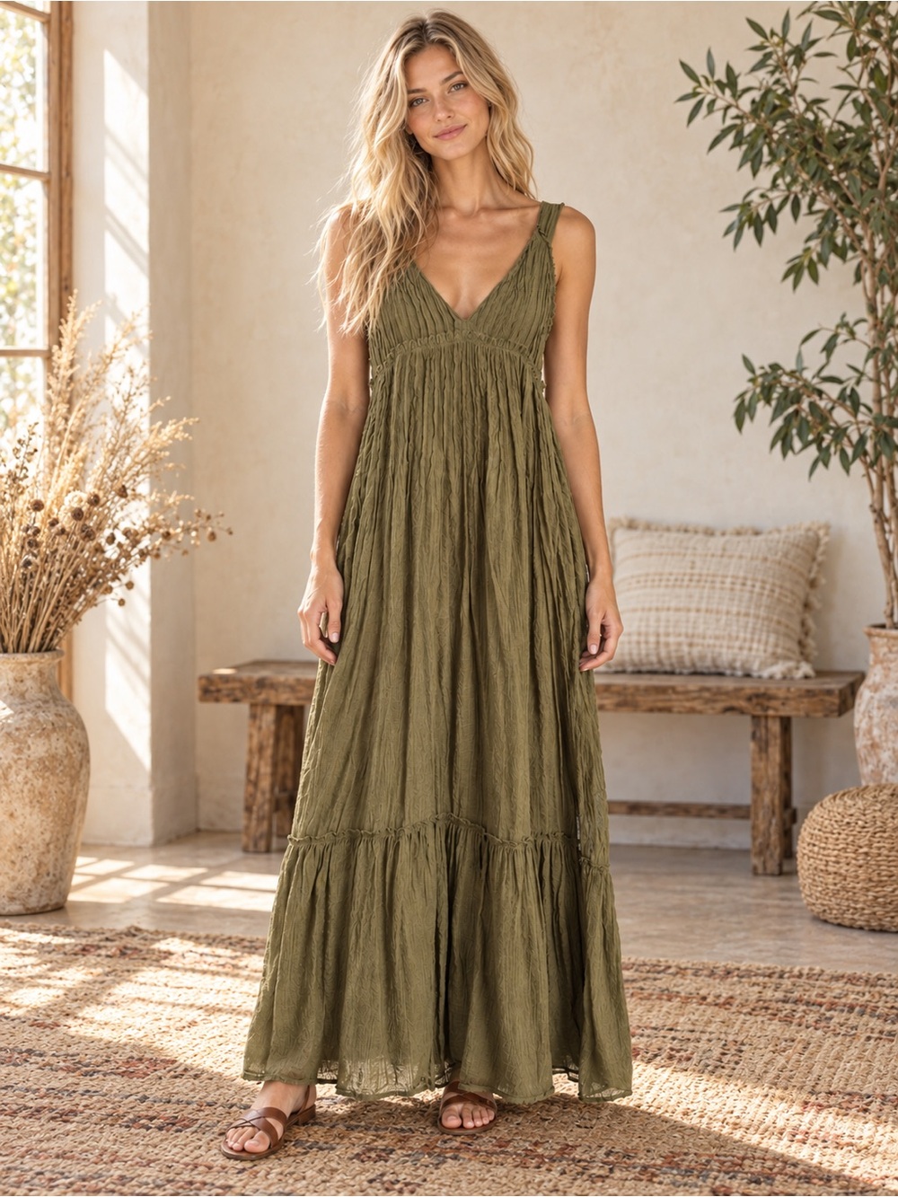 Free People Frankie Pintuck Maxi Dress Olive Green Boho Open Back S